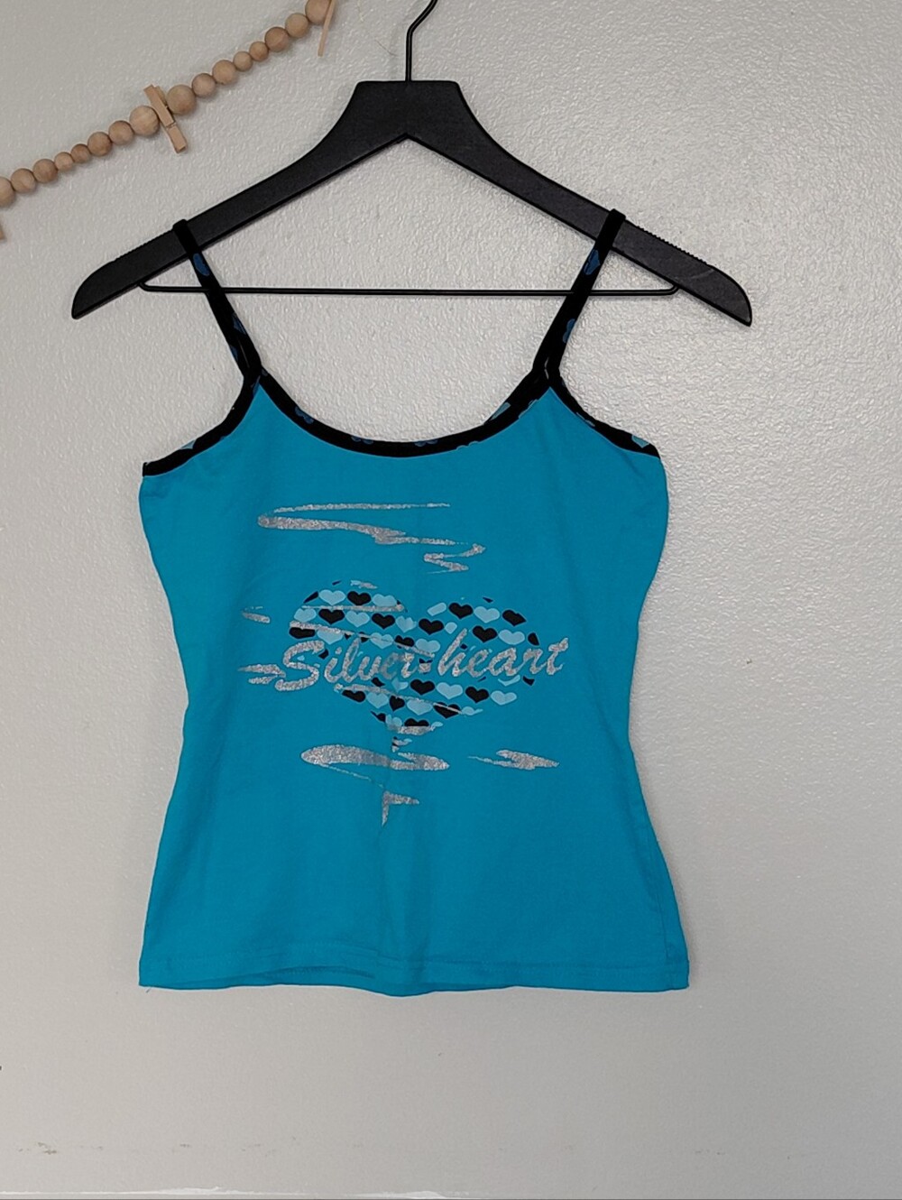 VTG Y2K Turquise Silver Heart Graphic Blue Cami Tank Top Small Like New